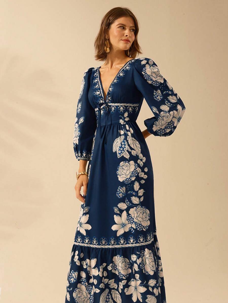 Vestido Longo Tropical Decote em V