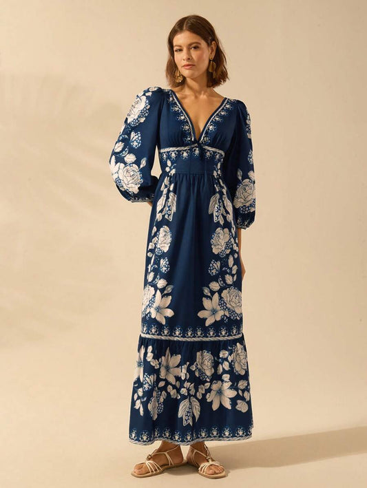 Vestido Longo Tropical Decote em V